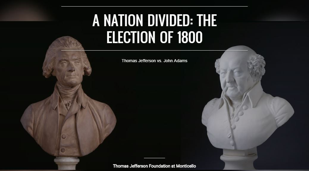 Image with busts of Jefferson and Adams and the words 'A nation divided: the election of 1800' written in white letters over a black background